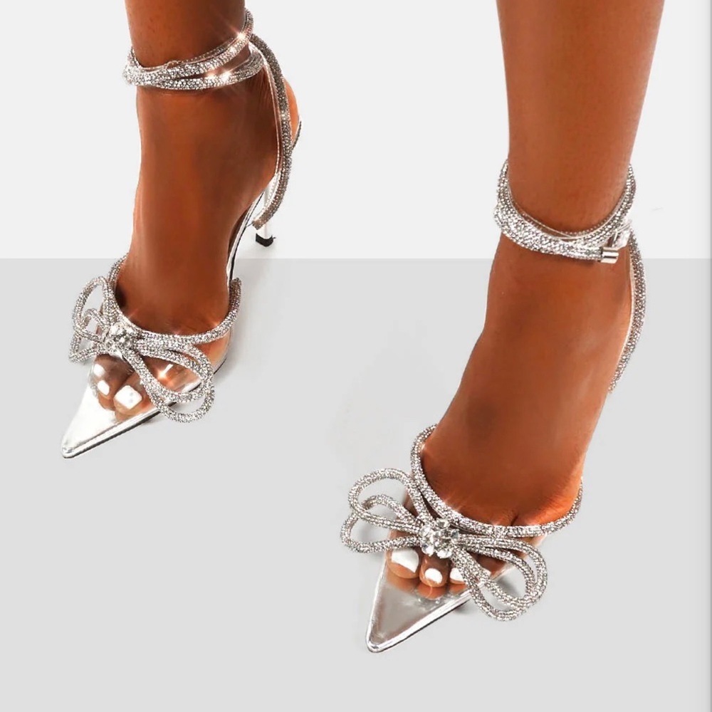 MIDNIGHT CLEAR PERSPEX WRAP AROUND DIAMANTE BOW POINTED TOE HIGH HEEL